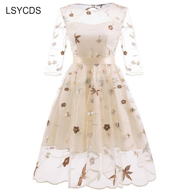 Женское Сетчатое платье LSYCDS розовое плиссированное с рукавом 3/4 круглым вырезом