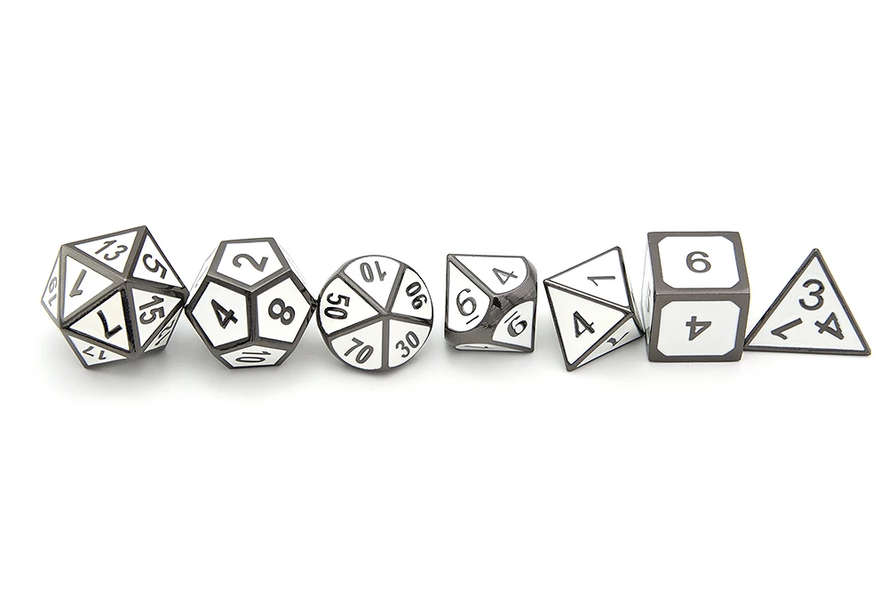 White Enamel Polyhedral Metal Dice with Velvet Pouch for MTG RPG DnD Board Games and Teaching Math