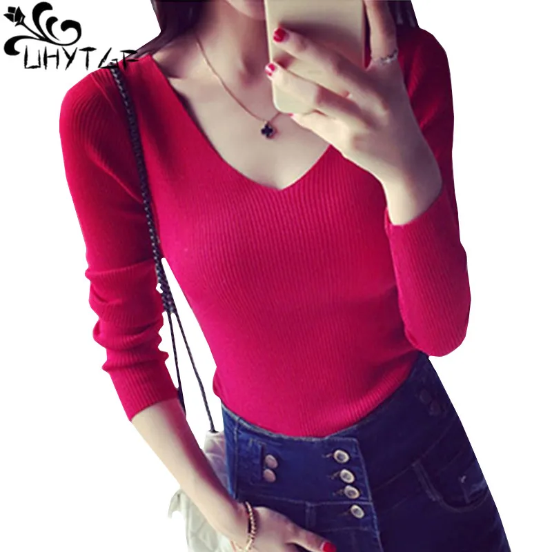 UHYTGF Autumn Woman Sweater Korean Fashion Long sleeve V-Neck Sexy Ladies Knit Pullover Female Sueter Mujer 563 | Женская одежда