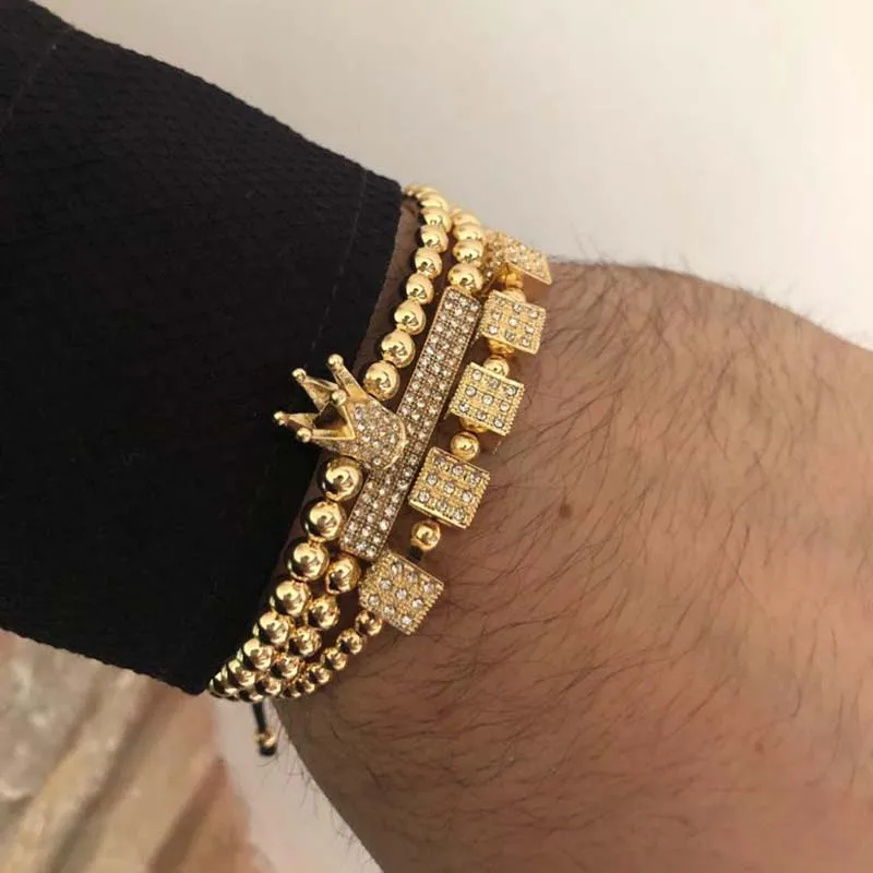 3Pcs/Sets Luxury CZ Paved Dice Crown Bar Bracelet Sets 5mm Copper Beads Couple Bracelet Sets For Male Hand Jewelry Accessories