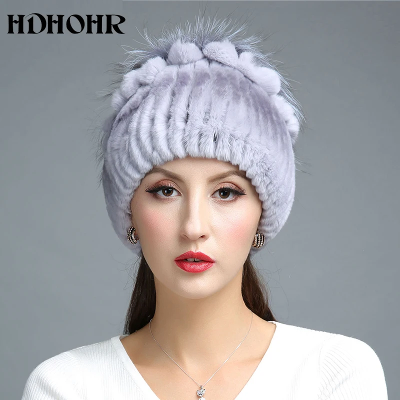 HDHOHR Новинка года зима Настоящее меховая шапка Для женщин из натурального кроличьего меха шапка с Серебряными Лисий Мех вязаные шапочки модные женские туфли меховые шапки