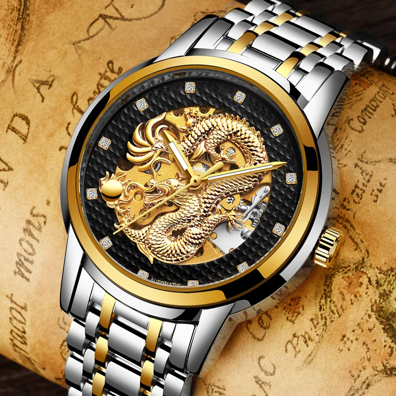 Мужские автоматические механические часы LIGE, спортивные водонепроницаемые часы из нержавеющей стали с изображением скелета дракона, 2019
