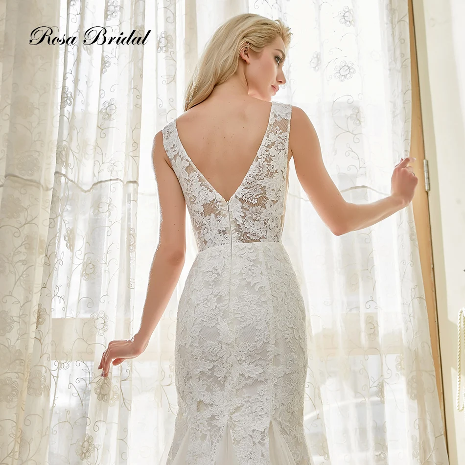 Rosabridal 2019 new Mermaid Wedding Dress Glimpse Deep V-neck Sleeveless Beading Lace Embroidery invisible backless dress