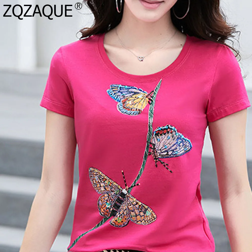

Fashion All-match Summer T-shirts For Women Luxury Beading Diamonds Butterfly Tops M-4XL Plus Size Lady Manual Drill Tops SY1976