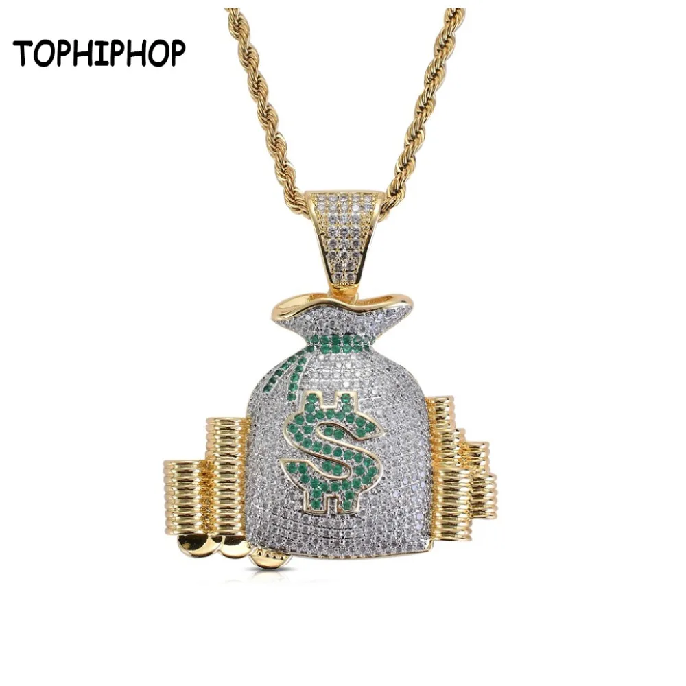 

TOPHIPHOP Bling Iced Out US Dollar Purse Money Bag Pendants Necklace Micro Pave AAA CZ Zircon Stone for Hip Hop Rapper Jewelry