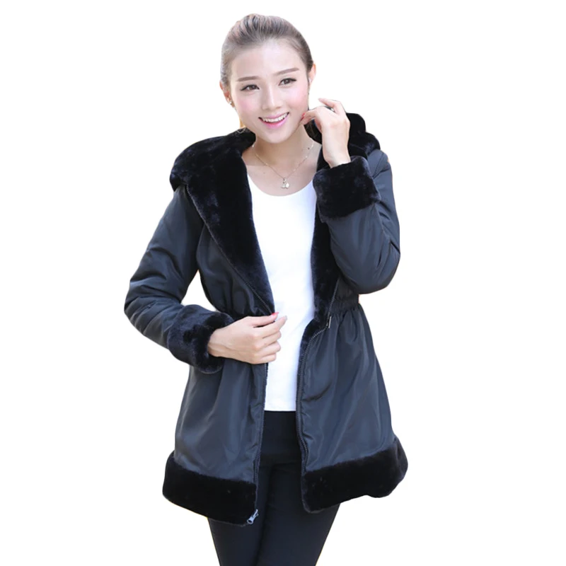 QAZXSW 2018 Women Faux Fur Coat Casual Slim Winter Long Mink Jacket With Hood Black Solid Coats Thick Warm Outwear YDX635 | Женская