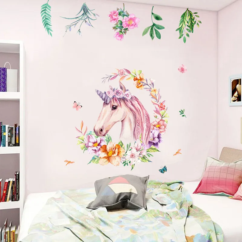 Nordic Style Flower Unicorn Wall Sticker For Kids Room Home Decor Animal Decals Nursery Baby Bedroom Mural | Дом и сад