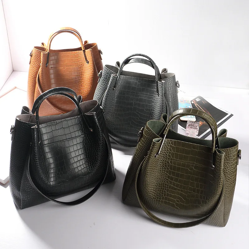 

OLOEY New women's bucket bag Crocodile leather composite bag Simple retro wild shoulder Messenger bag Large capacity handbag