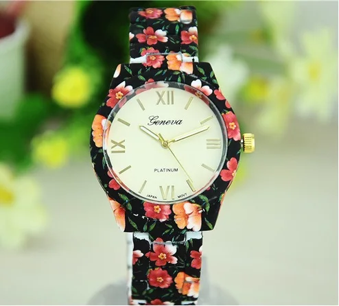 

Gnova Platinum Metal Ceramic Geneva Style Printed Flowers Women Watch Band Analog Quartz wristwatch Vintage Black Dial