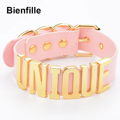 PinkGold Сексуальное дизайнерское уникальное колье золотого, серебряного цвета, металлический воротник ручной работы, БДСМ 35 мм, большие слова, воротник из искусственной кожи с пряжкой, Фетиш ожерелье для женщин - Окраска металла: PinkGold