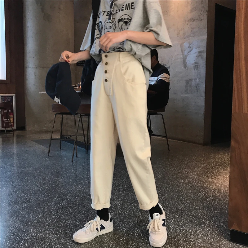 Для женщин брюк в Корейском стиле Панк Harajuku Ulzzang Высокая Талия Однобортный прямые