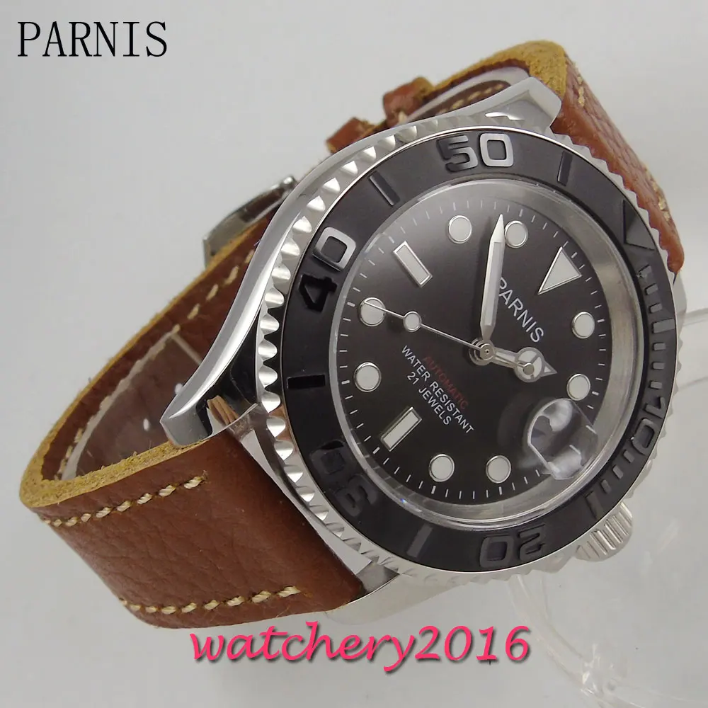 

41mm Parnis black dial brown leather strap luminous sapphire glass date adjust 21 jewels miyota Automatic movement Men's Watch
