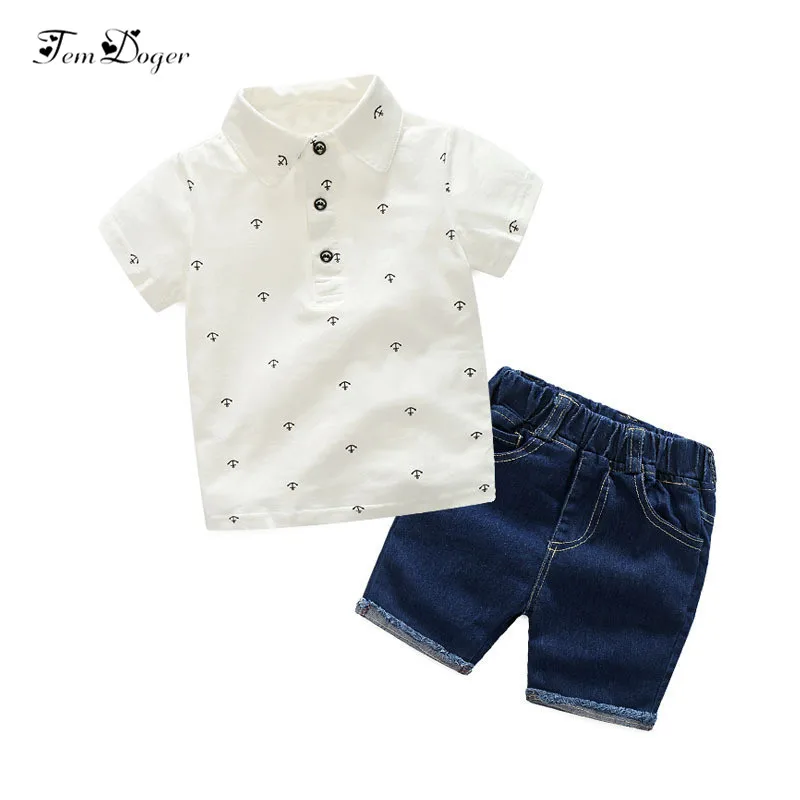 Tem Doger Boys Clothing Sets 2017 Summer Fashion Striped T-shirts+Jeans Shorts 2PCS Casual Clothes Suit Kids |