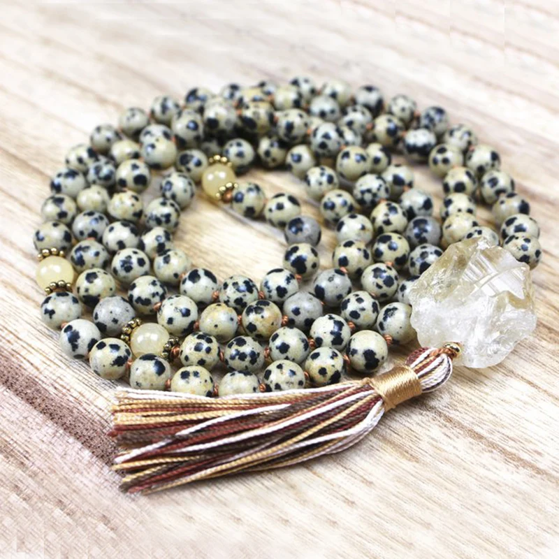 Spiritual Rough Stone Pendant Boho Jewelry Dalmatian J-asper 108 Mala Beads Collar Knotted Tassel Necklace Raw C-itrine Q-uartz | Украшения
