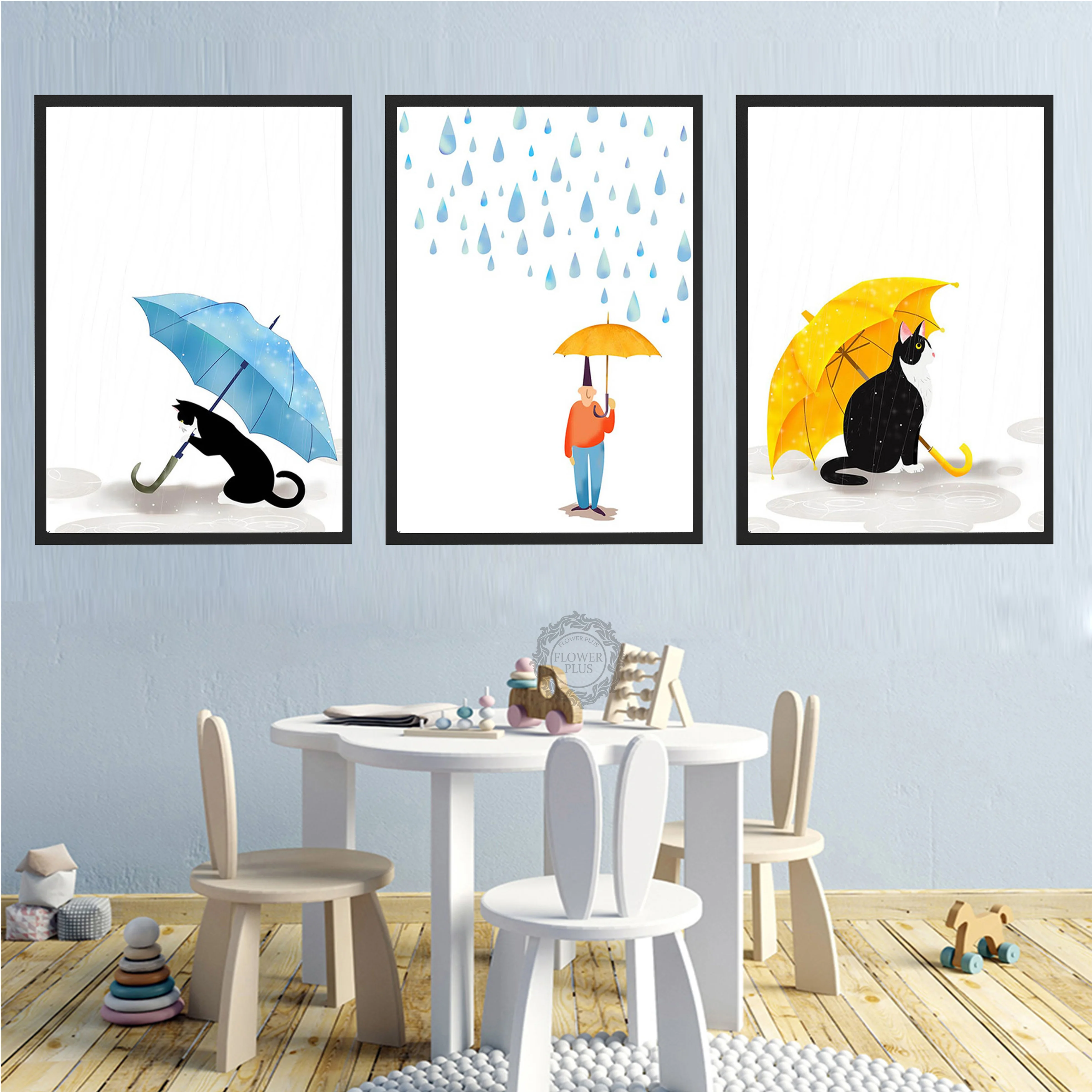 

Watercolor Kawaii Umbrella Black Cats Rain Posters Nordic Living Room Wall Art Print Picture Home Decor Canvas Modern Painting