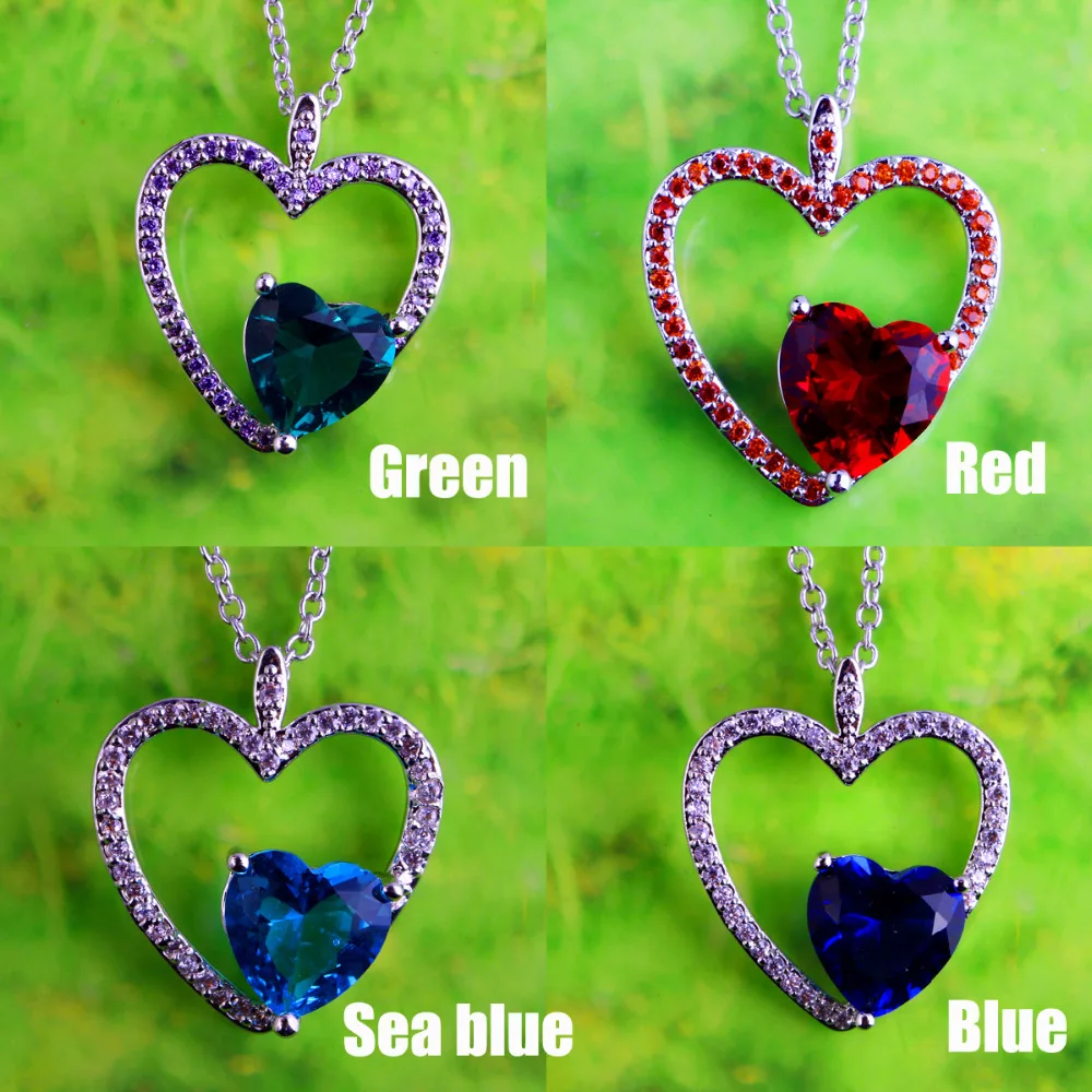 

JROSE Wholesale Wedding Red Blue Green Cubic Zirconia Heart Cut Fashion Jewelry Silver Pendant Necklace Gorgeous Gifts No Chain