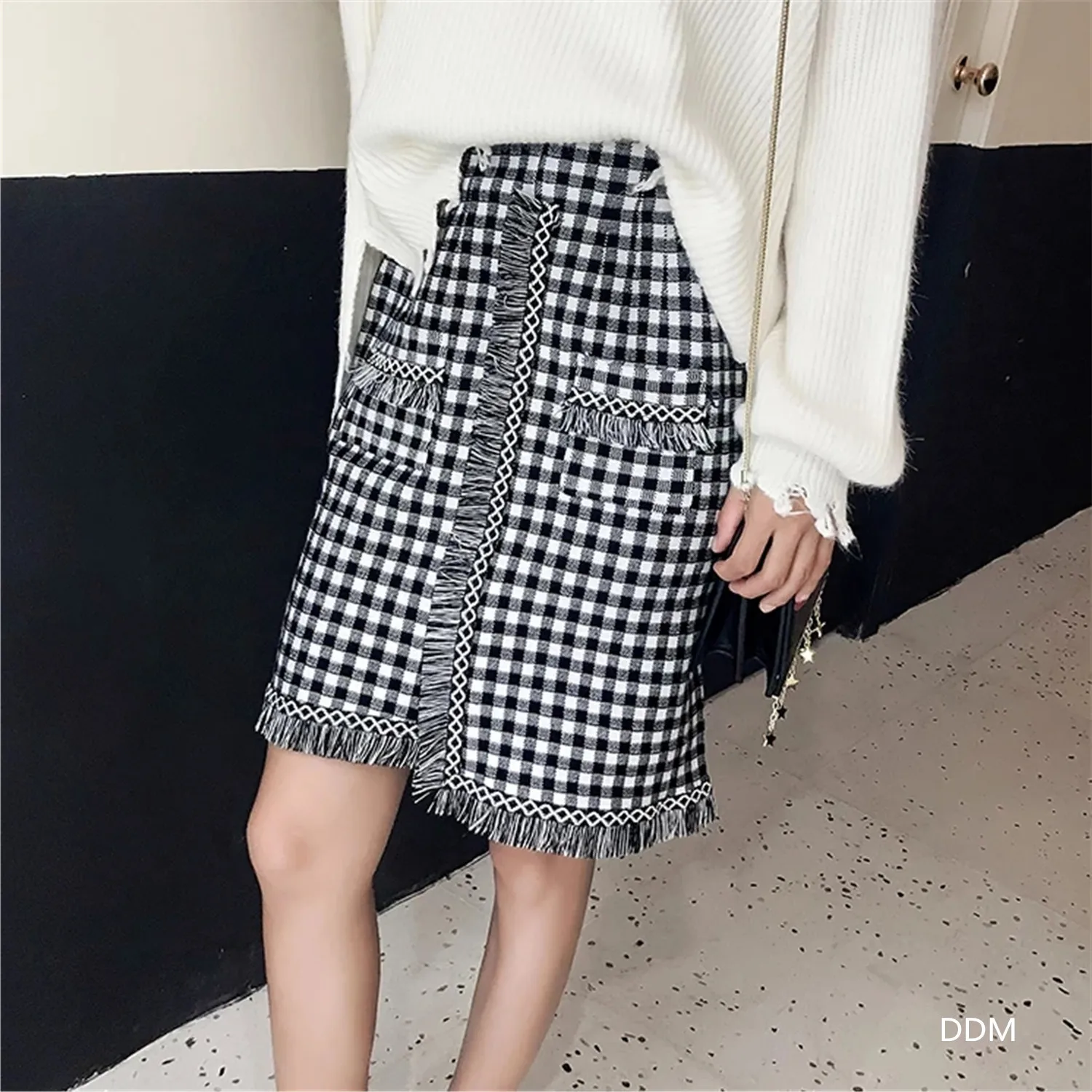 2018 осенняя и зимняя новая юбка с высокой талией тонкая трикотажная в клетку для