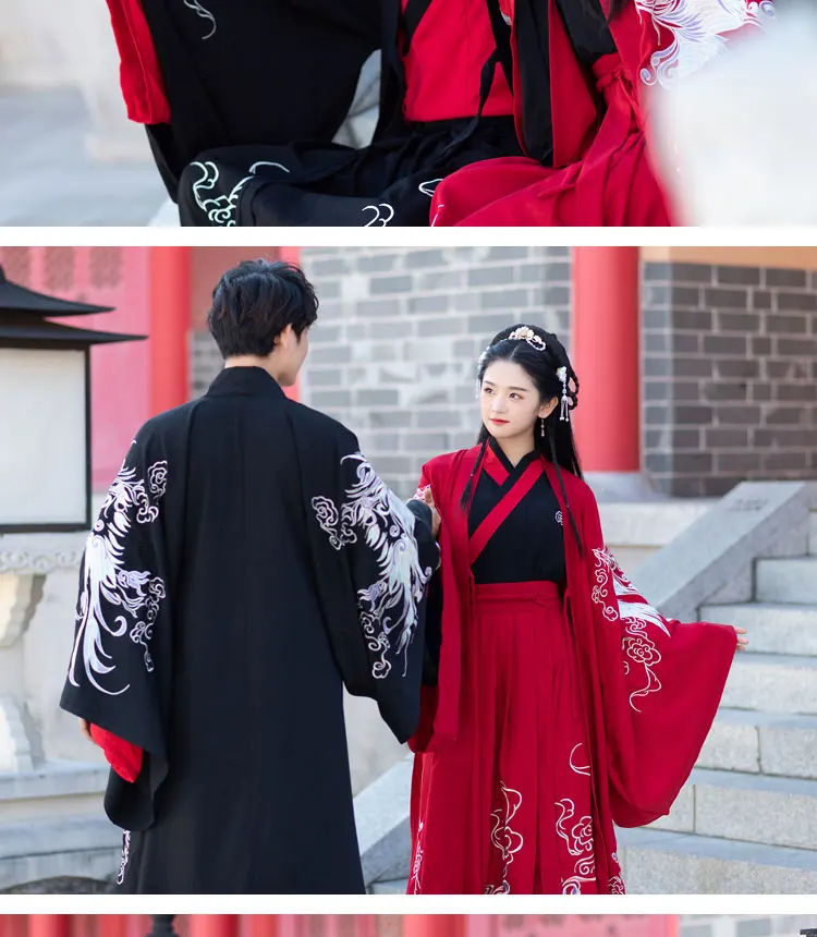 Древняя династия Вэй Цзинь пары Hanfu одежда красный черный свадебное платье большое вечернее платье с рукавами Гуандун Вышивка Феникс
