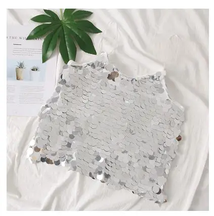 Bright silver Новинка; сезон лето-осень; женский топ на бретелях с блестками; пикантная комбинация на бретельках с v-образным вырезом; Клубная короткая майка без рукавов с блестками для девочек; топы; SF1912 - Цвет: Bright silver