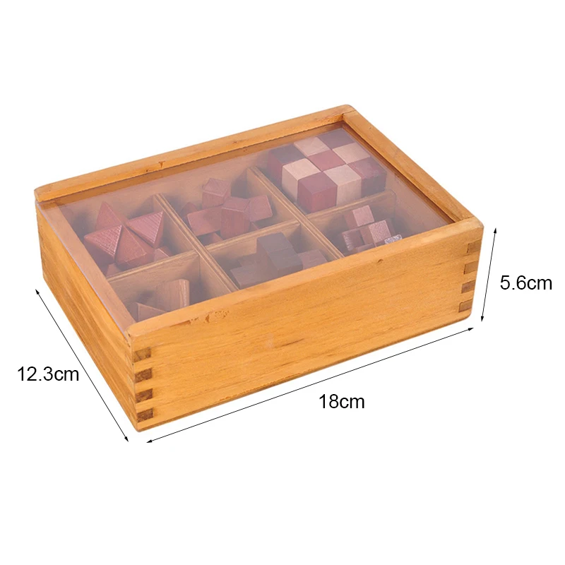

6Pcs IQ Puzzle Wood Toys Brain Teaser Kong Ming Luban Lock Cube Toys Classic Toy with Wooden Box Early Education for Kids Adults