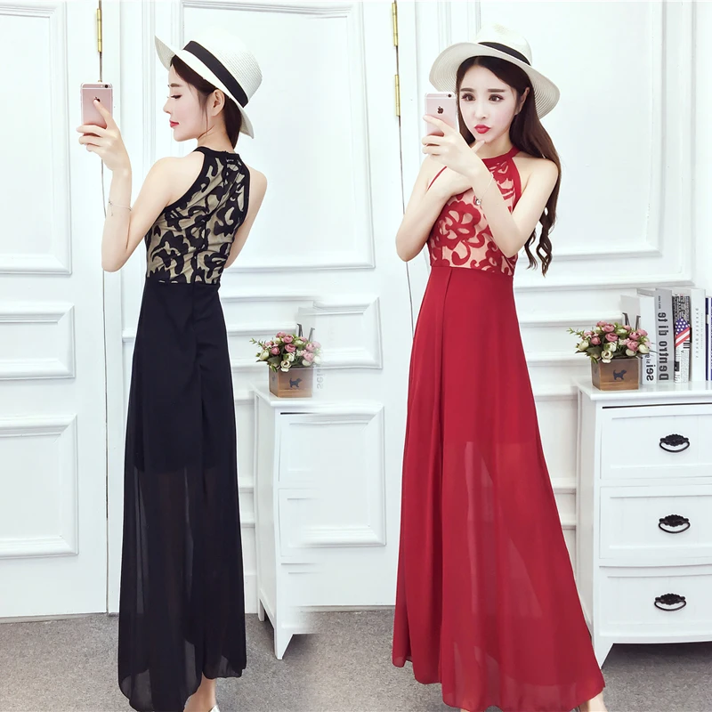 Женское длинное шифоновое платье с лямкой на шее без рукавов|Женские платья| |