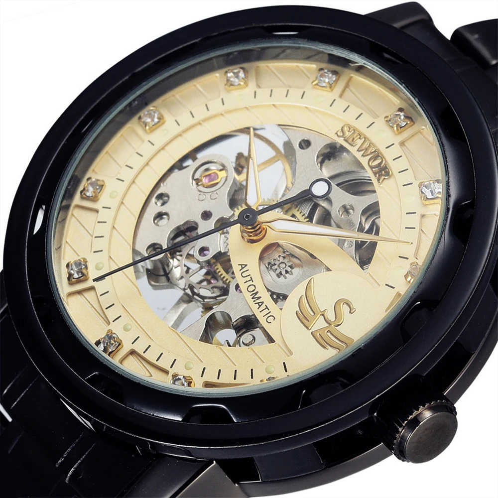 Новинка 2017 модные черные стальные Мужские часы скелетоны брендовые ажурные