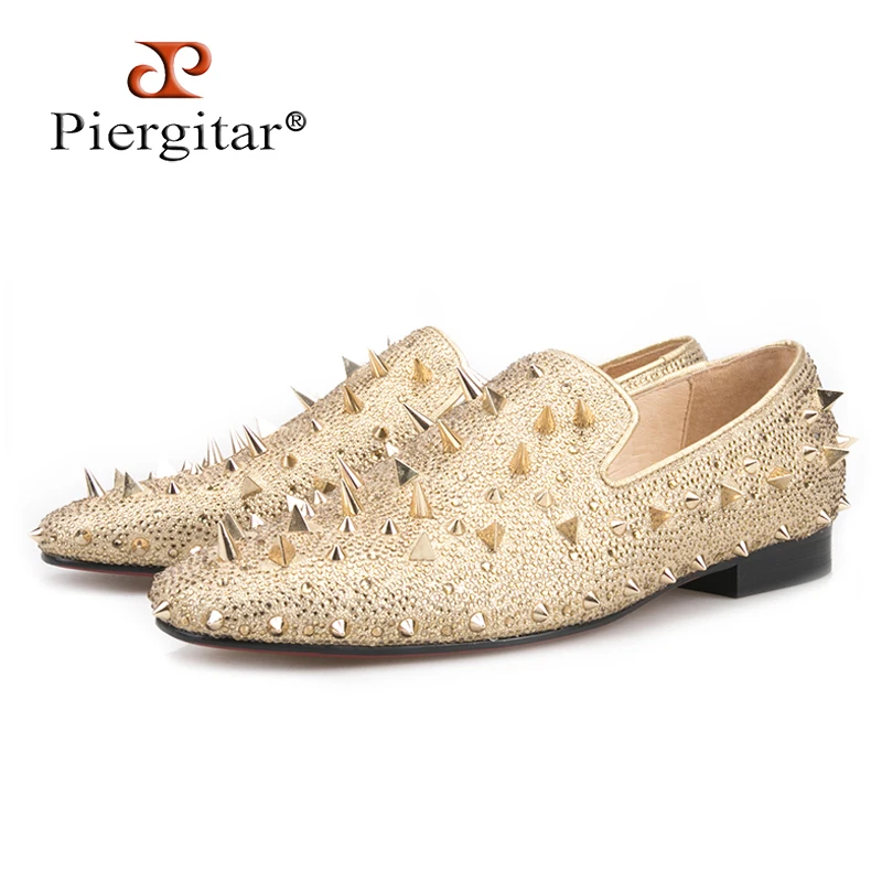 Piergitar 2018 new fashion Two colors Genuine leather Men shoes with long Spikes prom and banquet men's loafers plus size | Обувь