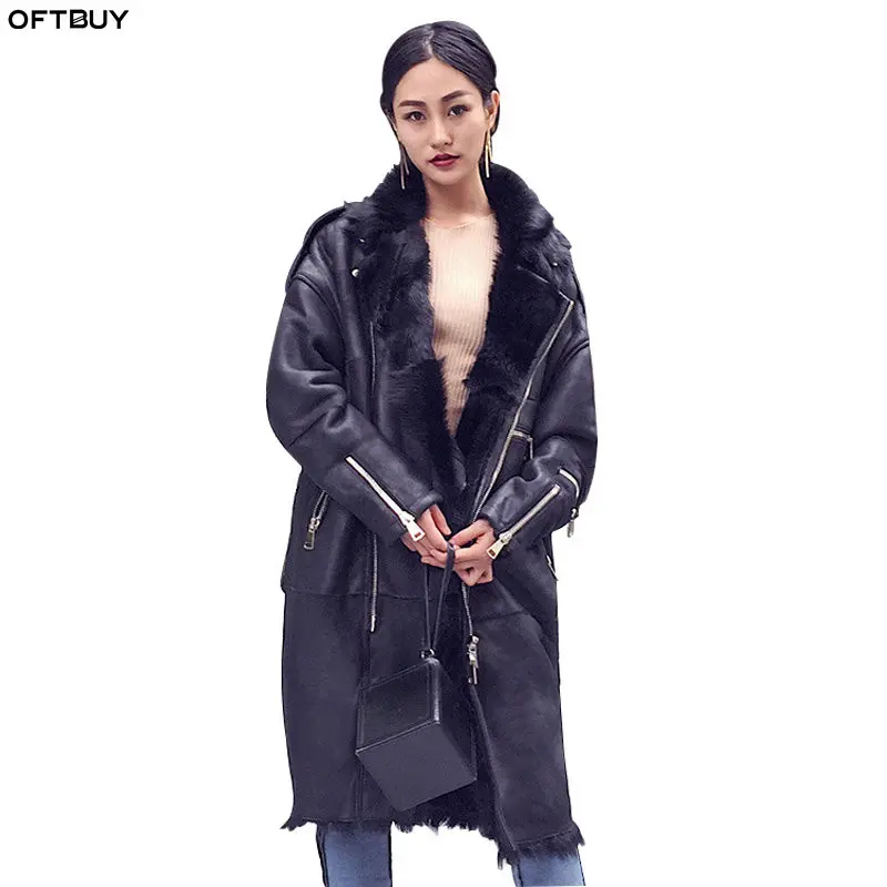 Женская длинная куртка из натуральной кожи OFTBUY черная двухсторонняя теплая