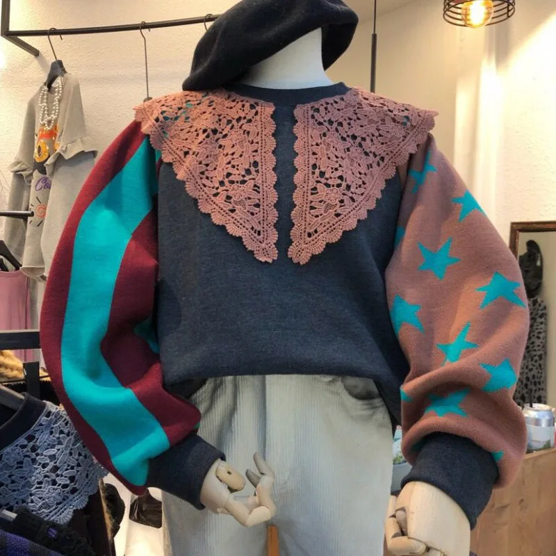 Корейский кружево лоскутное панелями для женщин толстовки 2019 Новая мода с