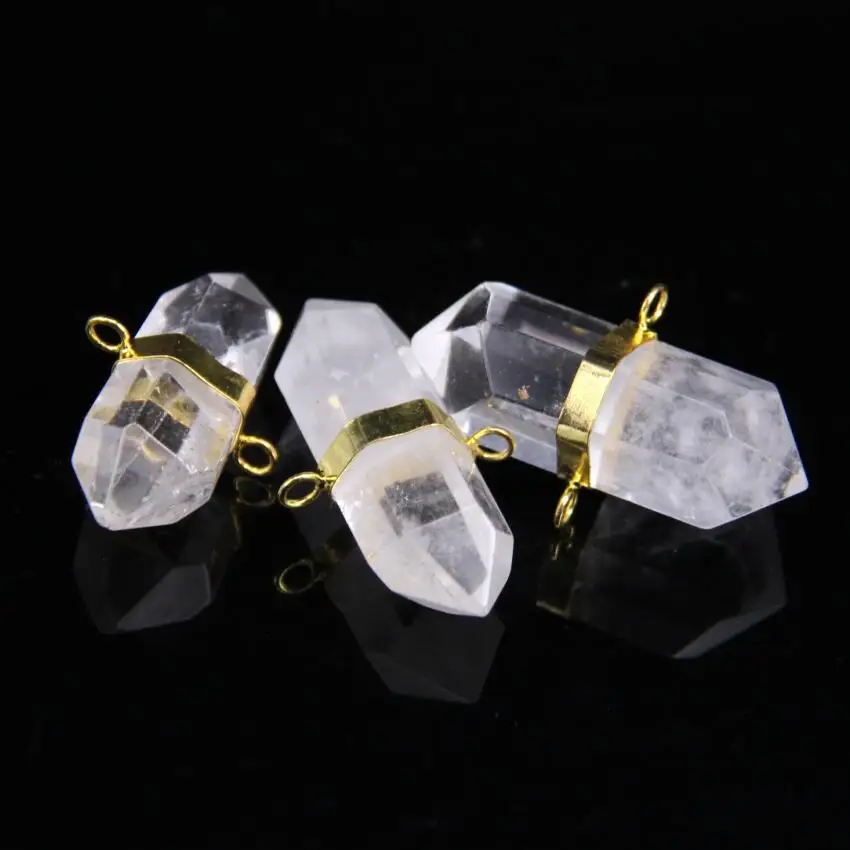 5pcs/lot Natural Clear Crystal Quartz Faceted Double Point Pendants Gold Plateds Stone Gems Hexagon Points Connectors | Украшения и