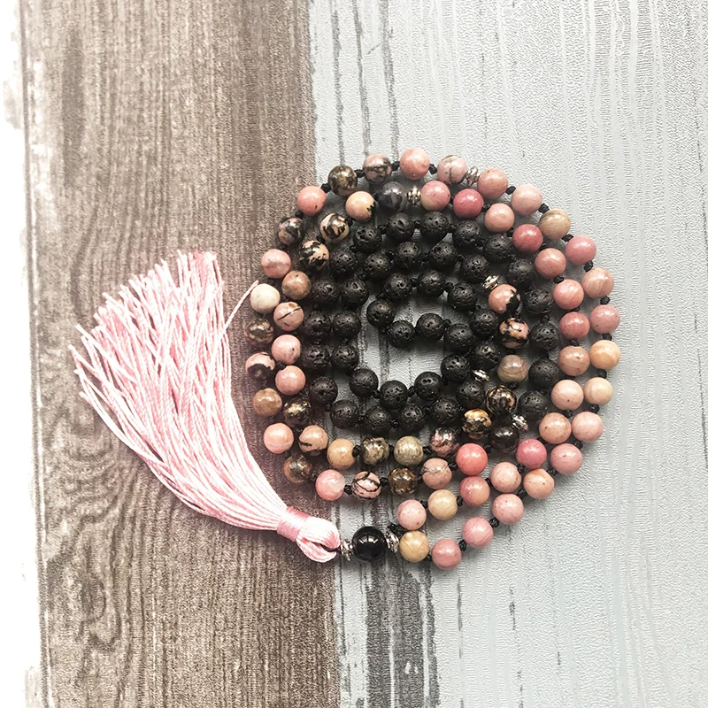 Розовый черный родонит лава камень искусственное плетение 108 бусин мала ожерелье