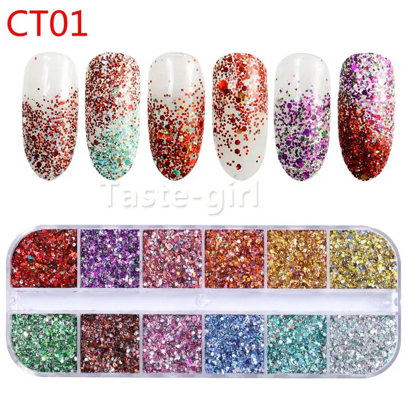 CT01 1 коробка, Смешанные Лазерные звездочки, сердце, блестки для ногтей, блестки, наклейки для дизайна ногтей, аксессуары для маникюра, акриловый набор для ногтей - Цвет: CT01