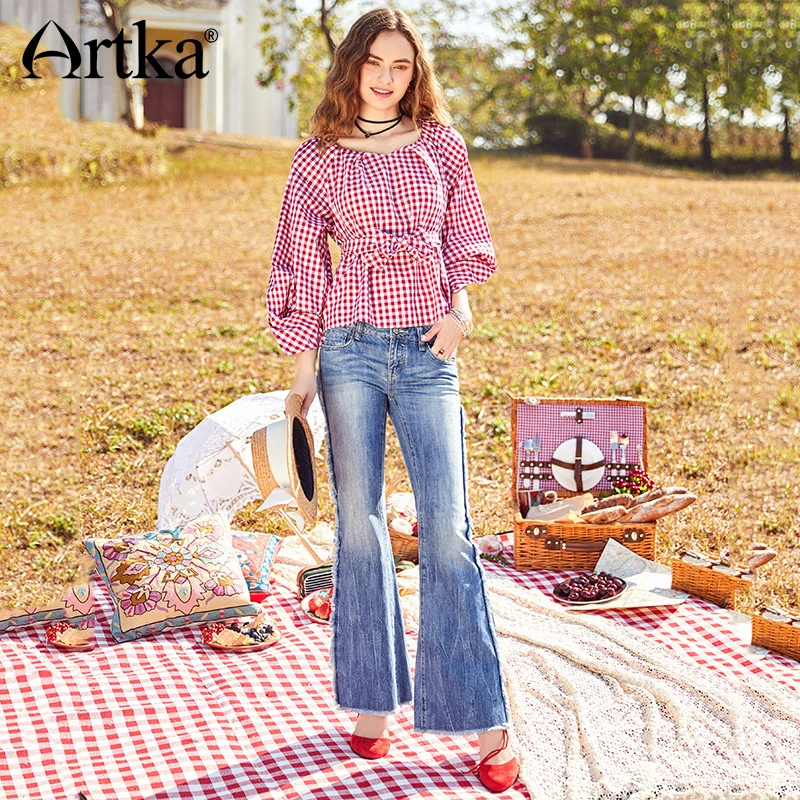 ARTKA 2018 Summer New Female Vintage Grinding Edges Washed Low Waist Wide Leg Casual Jeans KN10586C