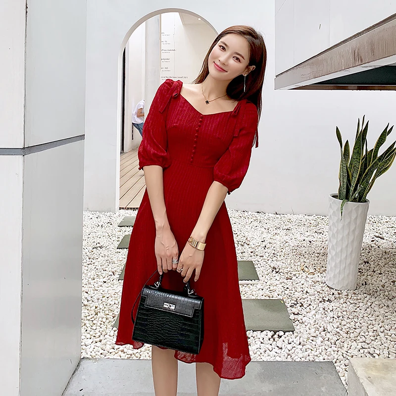Summer New Short Sleeve Fashion Dress V-neck Buckle Dress Casual Streetwear Solid Color Slim Female Red Women's Dresses