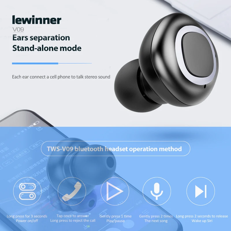 Lewinner V09 водонепроницаемые наушники вкладыши TWS Bluetooth беспроводная гарнитура