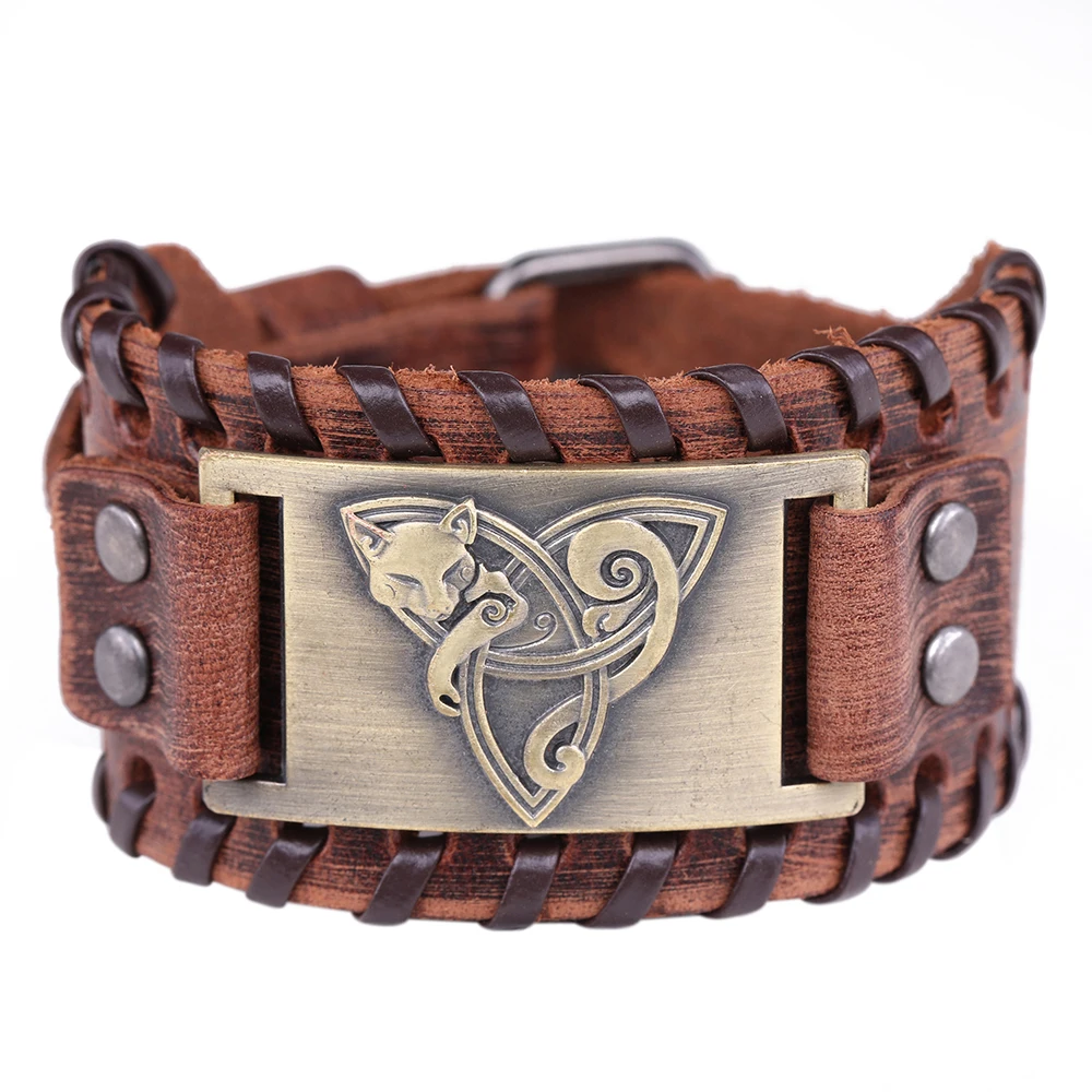 LIKGREAT Viking ювелирные изделия кожаный браслет лиса Triquetra Fenrir животное подросток Волк троица вера благословение манжеты браслеты Кнопка - Окраска металла: 10