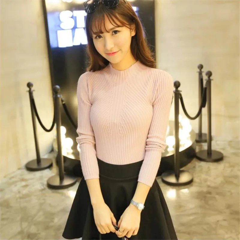 2017 цветные топы одноцветные женские свитера с высоким воротником вязаные