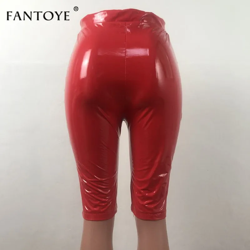 Fantoye пикантные из искусственной кожи шорты Для женщин Сплошной Светоотражающие сексуальные C высокой талией, эластичные Половина шорты конфетного цвета узкие Стретч Клубная одежда