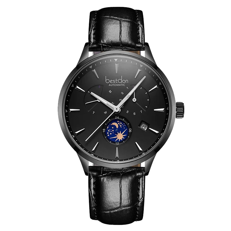 Black-black-black Bestdon швейцарские роскошные брендовые механические часы, автоматические мужские часы с фазой Луны, синие кожаные Наручные часы, Классические джентльменские часы - Цвет: Black-black-black