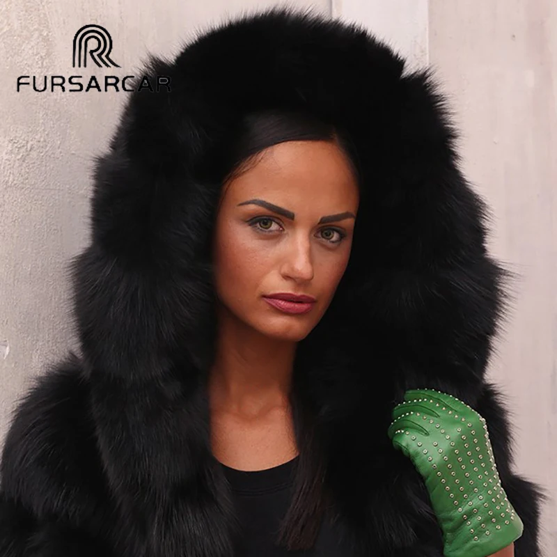 FURSARCAR 65 см длинные натуральным лисьим мехом пальто Для женщин зимние