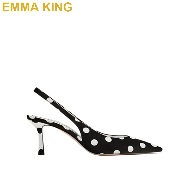 

2019 Elegant Retro Polka Dots Lady Slingback Heels Pointy Toe Spring Summer Shallow Shoes Sexy Women Pumps Fashion Women's Shoes