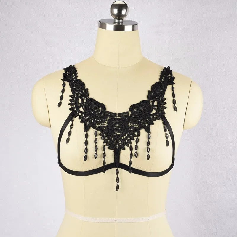 Черный Открытый Грудь клетка бюстгальтер с кисточками Жгут Бюстгальтер