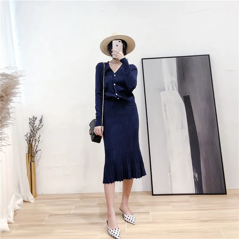ALPHALMODA OL изящный осенний вязаный кардиган юбка 2 шт. костюмы с длинными рукавами