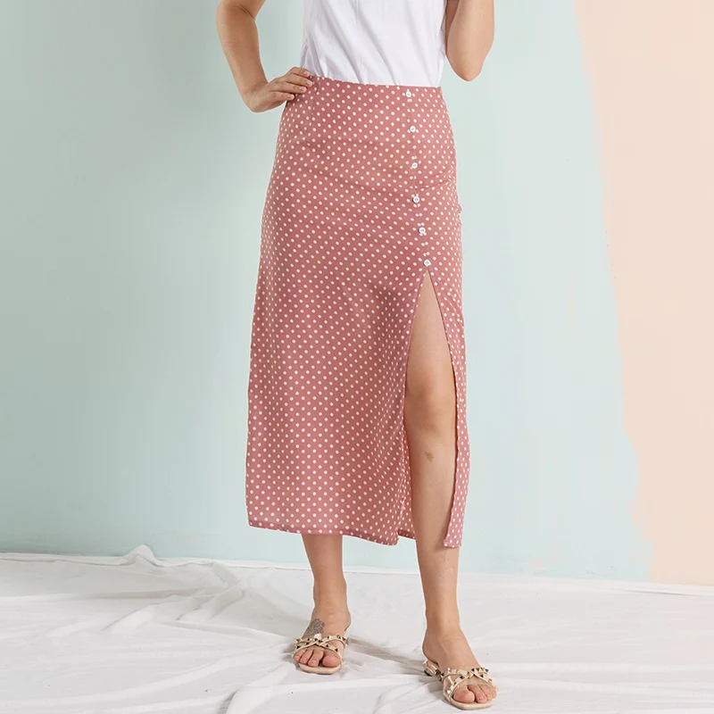 Mostnica, высокая талия, розовая, в горошек, с разрезом, сексуальная женская юбка, летняя, на пуговицах, элегантные, пляжные, вечерние, макси, длинные, юбки для девочек