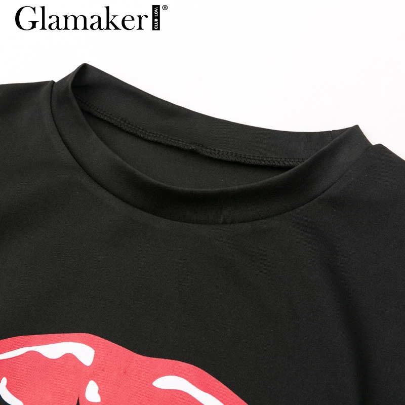 Glamaker, принт с губами, мультяшная Сексуальная футболка, женская белая, сетчатая, с рюшами, расклешенная, короткий рукав, Повседневная футболка, женская, летняя, облегающая, топ, тройники