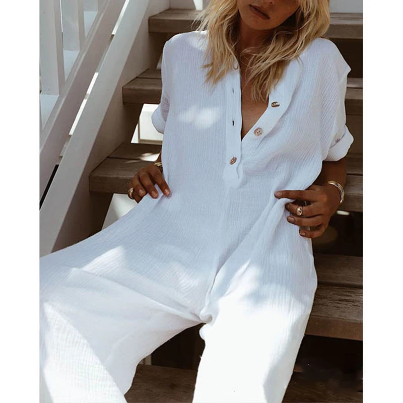 Baggy Jumpsuit Streetwear Clubwear Harem Summer Loose Short Sleeve Casual Buttons Collar Overalls Beach Party Fashion | Женская одежда