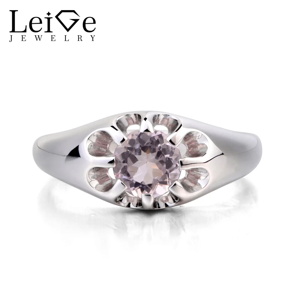 

Leige Jewelry Solitaire Ring Natural Morganite Ring Wedding Ring Round Cut Pink Gemstone 925 Sterling Silver Ring Flower Shape
