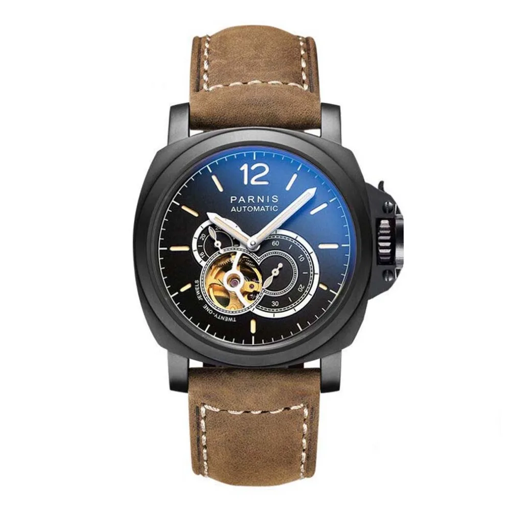 Наручные часы Parnis Commander Plus светящиеся Мужские с кожаным ремешком модные