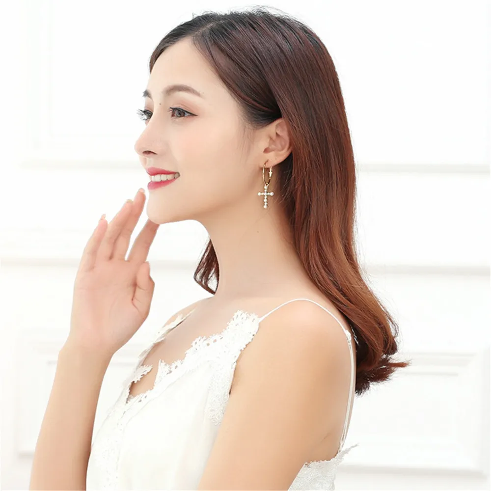 CRLEY earring cross pearl Drop Earrings For Women Gold Color Round Circle Connected Elegant Female Christmas Gifts | Украшения и