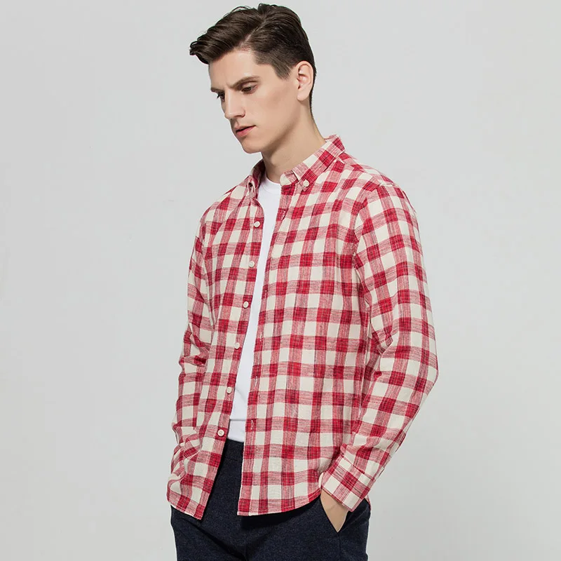 Spring Autumn Fashion Plaid Shirt Men 100% Cotton Long Sleeve Red Buffalo Check Linen Style Casual Shirts Slim Fit | Мужская одежда